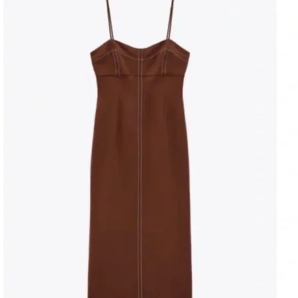 Zara Brown Topstitch Midi Dress - Picture 2 of 3